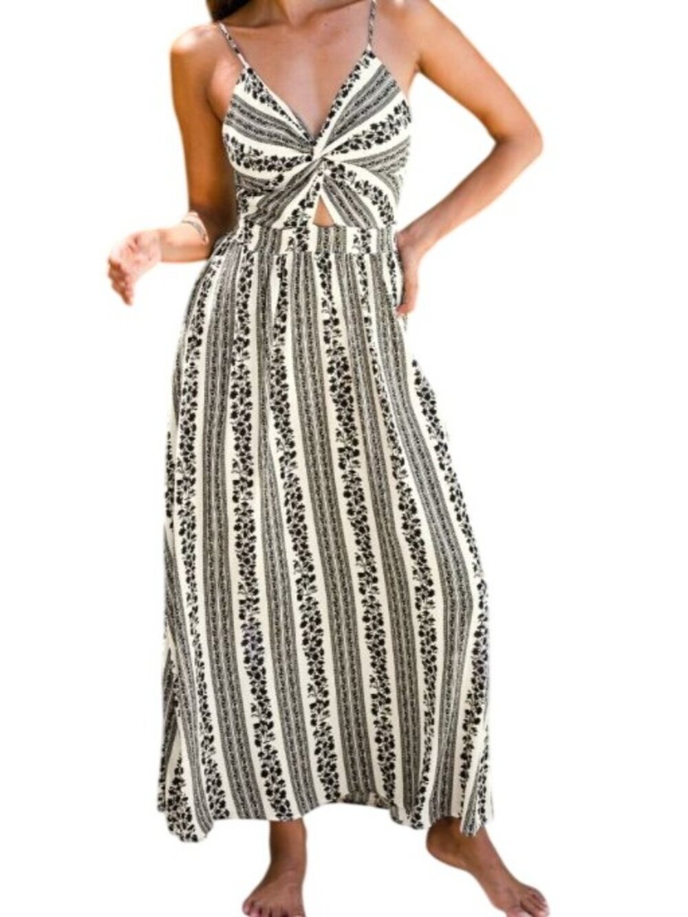 YOZY Maxi Dress Size Small Floral Stripe Sleeveless Cutout Twist Front Beach NEW